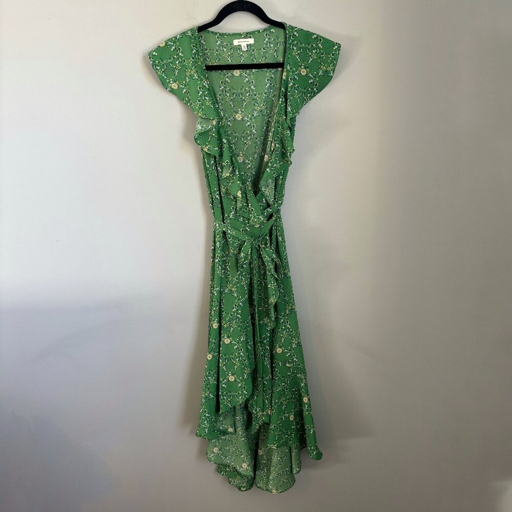 Green Ruffle Wrap Asymetrical Hem Dress